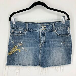 Vtg Guess Jeans Y2K Denim Mini Skirt Womens 28 Gold Sequins Cutoff Destructed